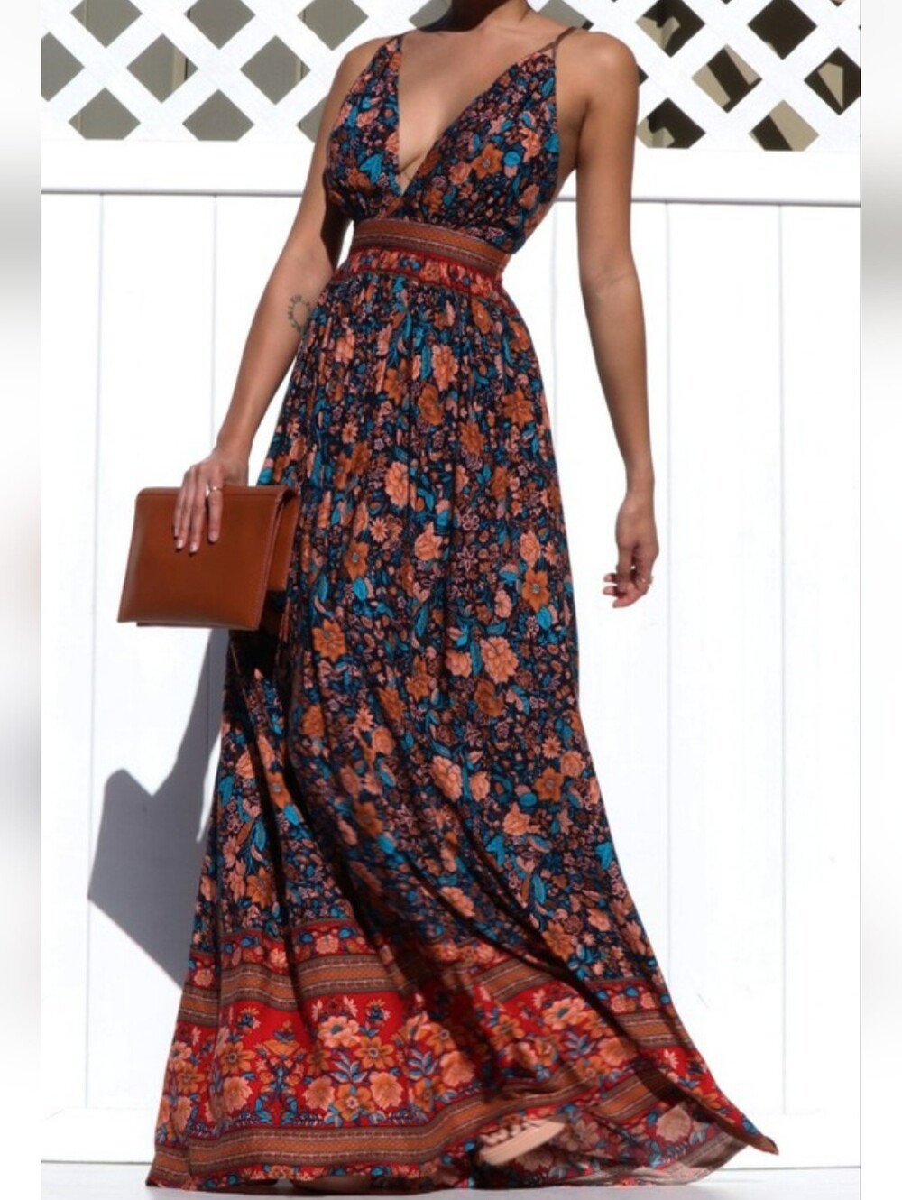 Bohemian Floral Maxi Dress in Navy and Rust NWT
